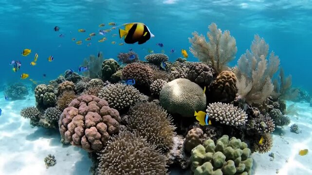 Close up views of exotic fish species gracefully navigating through colorful coral formations, highlighting their natural patterns and behaviors. Macro, detailed, observational