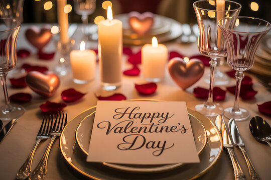 Romantic Valentine's dinner setup with candles, rose petals, heart decorations for a special date night, perfect for love, romance, and celebrating together - Powered by Adobe