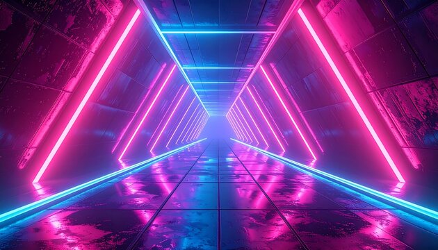 A symmetrical tunnel highlighted by neon blue and pink lights. The metallic floor reflects the vibrant colors, creating a futuristic vibe
