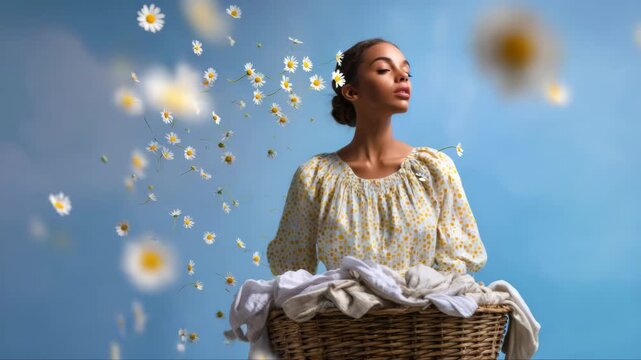 Young woman with a basket of laundry gazes upward as flowers float around her, showcasing a whimsical moment, camera pans upward revealing serene atmosphere