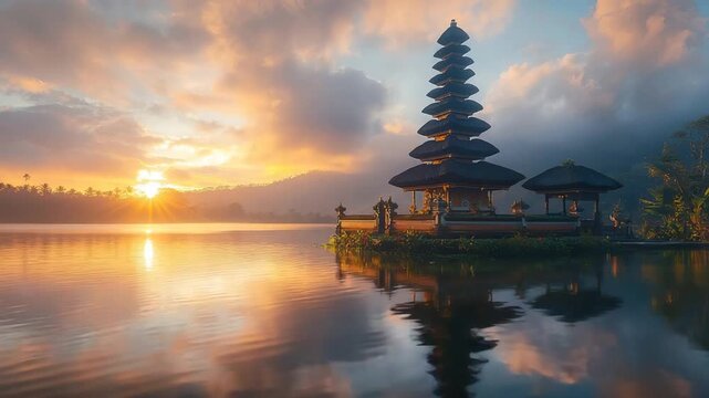 pura ulun danu bratan temple at sunset, in bali, Indonesia video timelapse