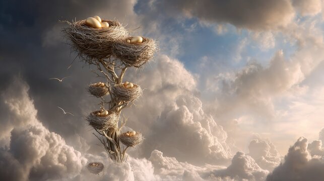 Surreal Nest Structure in Cloudy Sky with Golden Eggs and Dreams