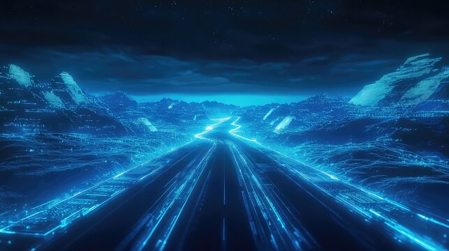 Digital data highway traveling through a futuristic landscape - Powered by Adobe