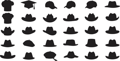 Set of various hat silhouettes including chef, graduation, cowboy, beret, and fedora styles, black vector illustration icons for fashion, costume, and design themes