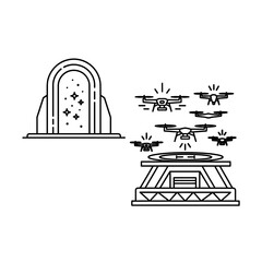 Futuristic portal beckons as advanced drones prepare for aerial mission launch from high tech platform