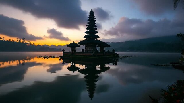 pura ulun danu bratan temple at sunset, in Bali, Indonesia timelapse video