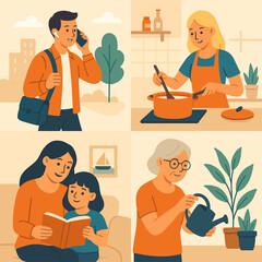 Captivating and Trendy Daily Life Themes Vector Illustration with Diverse Activities and Generations, Featuring Engaging Flat Design Patterns for Modern Visuals