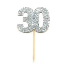Elegant silver glitter '30' cake topper, perfect for celebrating thirtieth birthdays, anniversaries, or significant milestones. Adds festive sparkle to party desserts