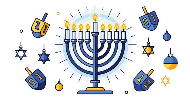 Hanukkah menorah with candles, dreidels, and Star of David ornaments.