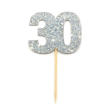 Elegant silver glitter '30' cake topper, perfect for celebrating thirtieth birthdays, anniversaries, or significant milestones. Adds festive sparkle to party desserts