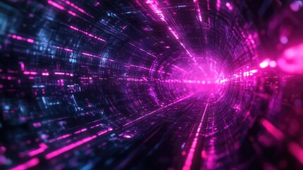 Digital data tunnel with glowing neon lines