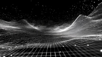 Digital landscape with glowing wireframe grid and data points