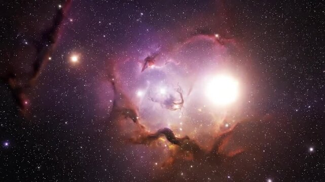 Glittering star fields embedded within the luminous gas, emphasizing the vastness and mystery of the deep space environment. Overhead perspective looking down into the radiant heart of a cosmic?