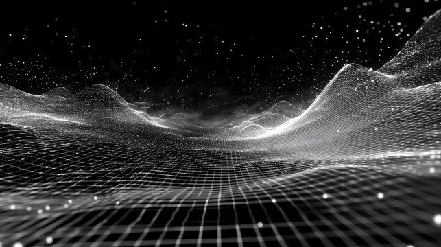 Digital landscape with glowing wireframe grid and data points