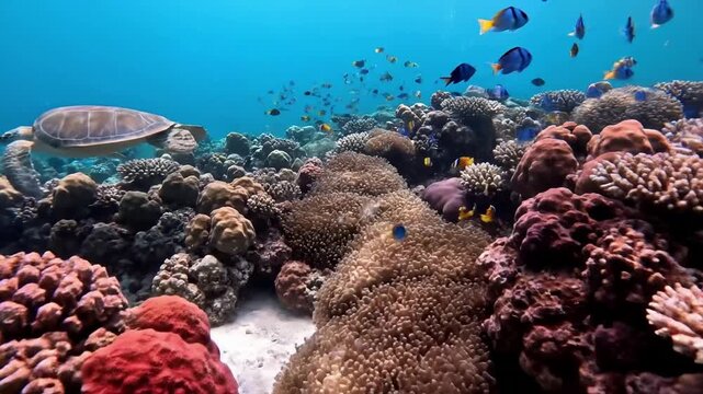 Explore the majestic underwater topography, featuring diverse coral formations, sponges, and anemones, bathed in clear, sunlit ocean water. High angle, revealing depth