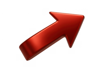 Red glossy 3d arrow pointing up right, symbolizing business growth, success, and financial market increase