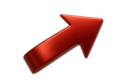 Red glossy 3d arrow pointing up right, symbolizing business growth, success, and financial market increase