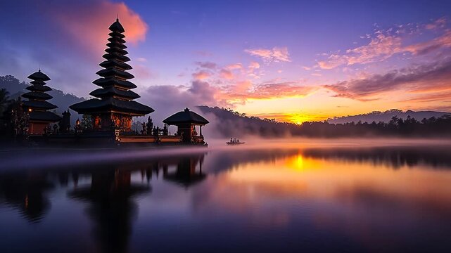  pura ulun danu bratan temple at sunset, in Bali, Indonesia timelapse video