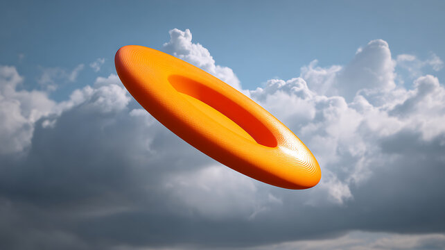 Orange disc flying high against a cloudy blue sky, representing outdoor fun