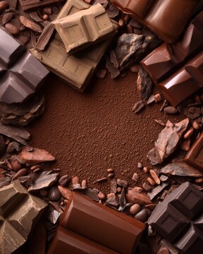 A close-up assortment of broken chocolate bars and cocoa pieces scattered across a dark surface.
