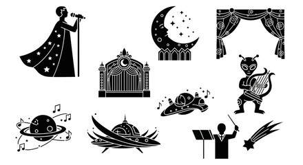 Fototapeta premium Celestial Stage Show Featuring Stars, Planets, and Aliens Performing Music, Conductor, Spacecraft, and Comets in a Theatrical Extravaganza