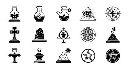 Mystical occult emblems and alchemical symbols for witchcraft and magic, perfect for branding, tarot design, and esoteric practices with a vector origin