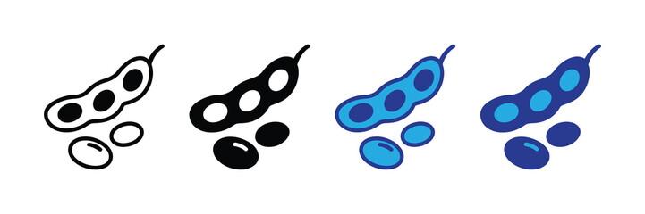 Collection of stylized soy bean pod and beans icons in outline, solid black, blue and dark blue on a white background. represents agriculture and healthy food.