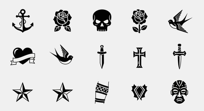 Classic tattoo flash sheet with roses, anchor, skull, swallows, and dagger in black ink, ideal for edgy designs and bold statements