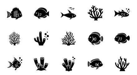 Captivating collection of stylized fish and vibrant coral reef icons, perfect for aquatic themes and ocean life projects