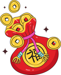 Prosperity Pouch in chiness new year: A vibrant red pouch brimming with wealth, adorned with delicate floral patterns and complemented by shimmering gold coins.