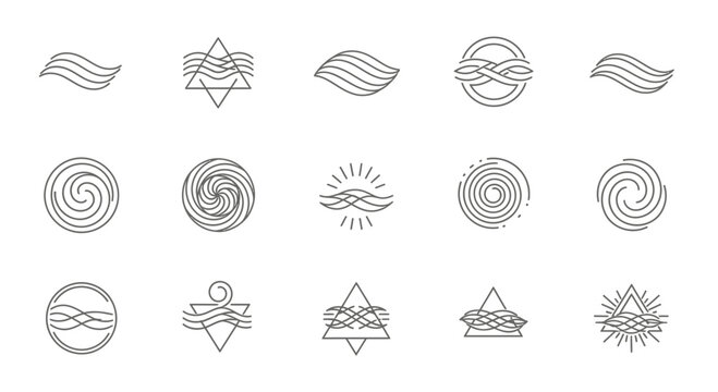 Dynamic collection of abstract wave and swirl icons representing flow, energy, and elemental forces, perfect for modern branding and design projects