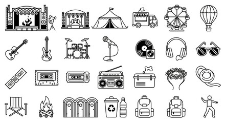 Fototapeta premium Dynamic collection of festival and concert icons capturing the vibrant energy of live music events and outdoor celebrations