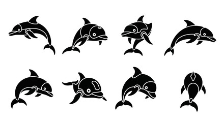 Dynamic collection of eight stylized black dolphin silhouettes in various playful poses, perfect for marine themes and aquatic designs.