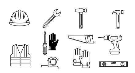 Essential construction tools and safety gear collection featuring hard hat, wrench, hammers, drill, saw, gloves, vest, and level for building projects
