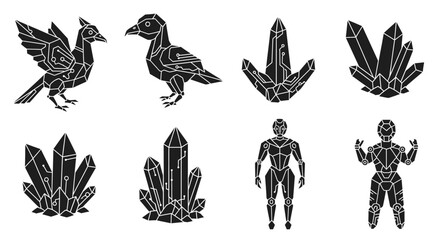 Futuristic digital birds, geometric crystals, and stylized robots with circuit patterns offer modern tech and science inspiration for creative projects.