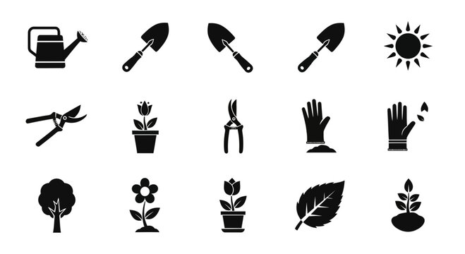 Essential gardening tools and plants icons for a vibrant garden design project, perfect for DIY enthusiasts and horticultural businesses
