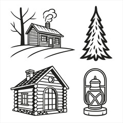 Fototapeta premium Cozy Winter Home Icons with Fireplace, Cabin, Frosted Windows & Lantern – Minimal Black Line-Art Pack