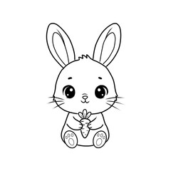 Cute cartoon bunny sitting and holding a carrot. Black and white line art illustration, ideal for Easter themes, vegetarian graphics, or children's coloring book pages.