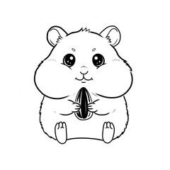 Adorable cartoon hamster with puffy cheeks holding a large sunflower seed. Black and white outline vector illustration, suitable for pet food packaging, rodent information, or children's coloring page