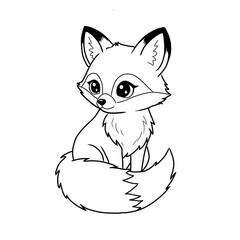 Obraz premium Adorable cartoon fox sitting and looking back over its shoulder, featuring a fluffy tail and large expressive eyes. Black and white line art vector illustration, ideal for woodland themes, children's 