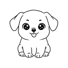 Cute cartoon puppy sitting with a happy face, tongue sticking out, and floppy ears. Black and white line art vector illustration, perfect for a children's coloring book, pet adoption graphics
