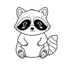 Cute and fluffy cartoon raccoon illustration sitting, highlighting its iconic facial mask and striped tail. Black and white line art vector graphic.