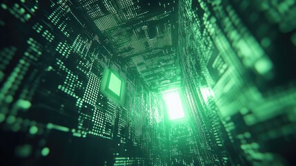 Digital circuit board tunnel with glowing data processing