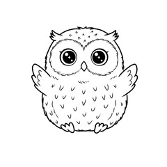 Round and plump cartoon owl illustration with large, sparkling eyes and small wings raised slightly. Simple black and white line art vector graphic.