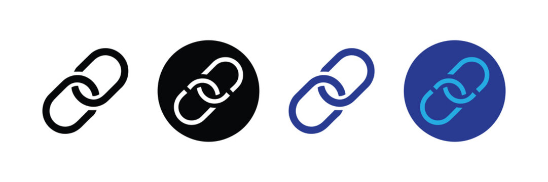 Collection of chain link icons representing connection, security, network, and partnership in different styles and colors on a white background.