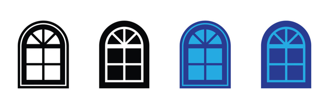 Collection of arched window icons, silhouette and colored variants, representing architectural elements and design options for diverse projects.