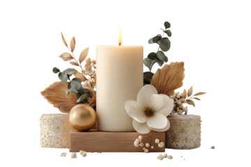 Aromatic Candlelight: A tall, elegant candle illuminates a tranquil scene, complemented by a delicate arrangement of leaves, flowers, and a golden sphere.