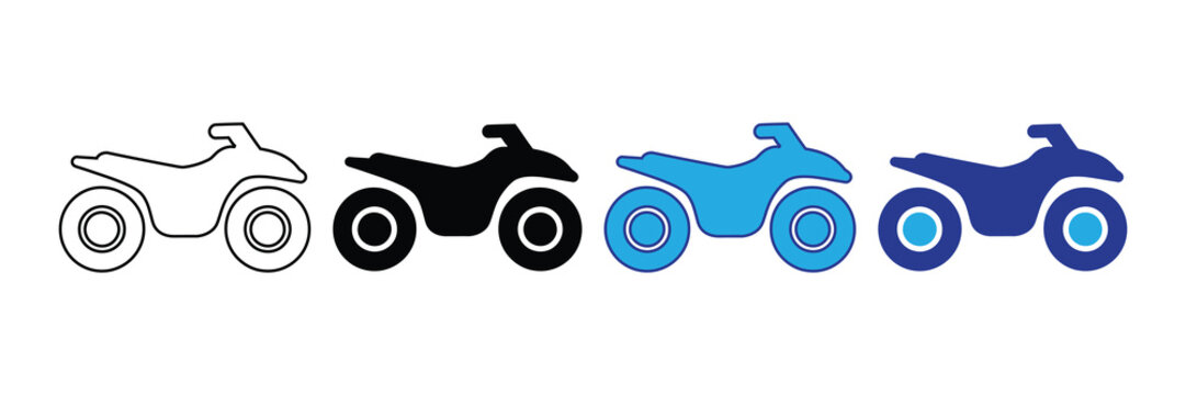 Collection of four atv quad bike icons in different styles and colors: outline, solid black, bright blue, and dark blue, representing versatility and transport options