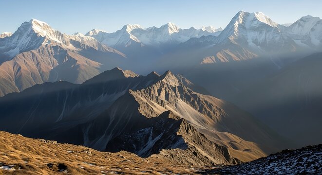 Majestic mountain range under a clear blue sky, scenic landscape view. - Powered by Adobe