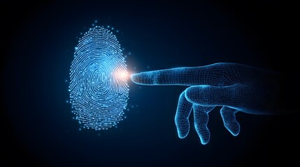 Digital illustration showcasing a glowing fingerprint alongside a wireframe hand, highlighting biometric identification and security, set against a dark, futuristic backdrop with blue and orange...